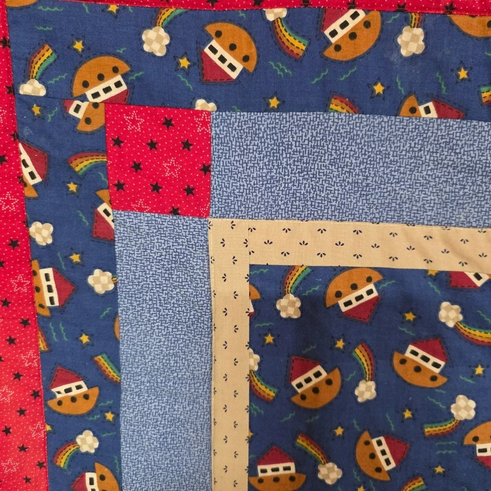 Handmade Noahs Ark Baby Quilt Red Blue Star Patchwork Rainbow Nursery Blanket